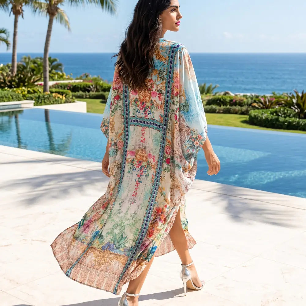 Long Embellished Box Kaftan Peacock Feather