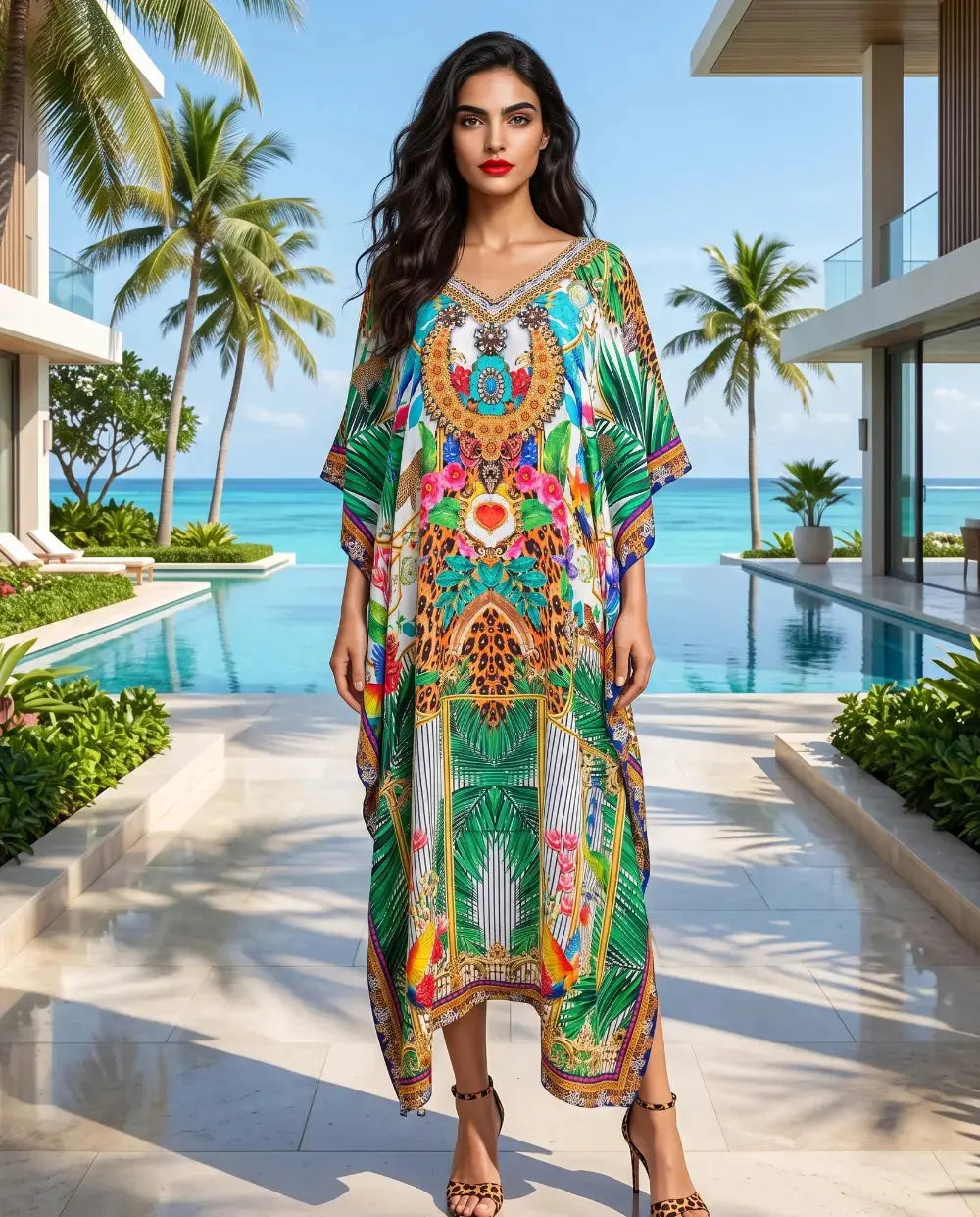 Long Silk Embellished Box Kaftan Tropical