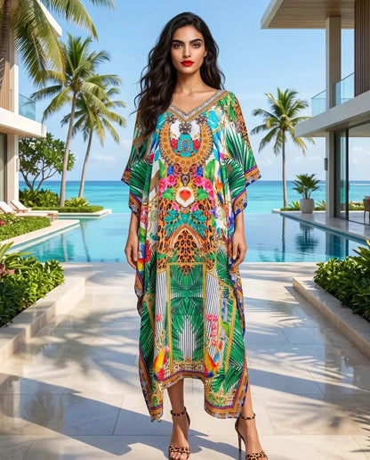 Long Silk Embellished Box Kaftan Tropical