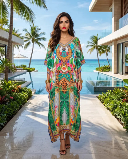 Long Silk Embellished Kaftan Tropical by Kaftans that Bling 