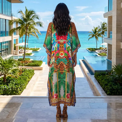 Long Silk Embellished Kaftan Tropical by Kaftans that Bling 