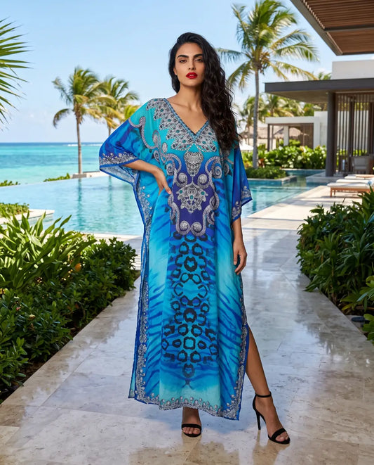 Long Silk Embellished Box Kaftan Reef