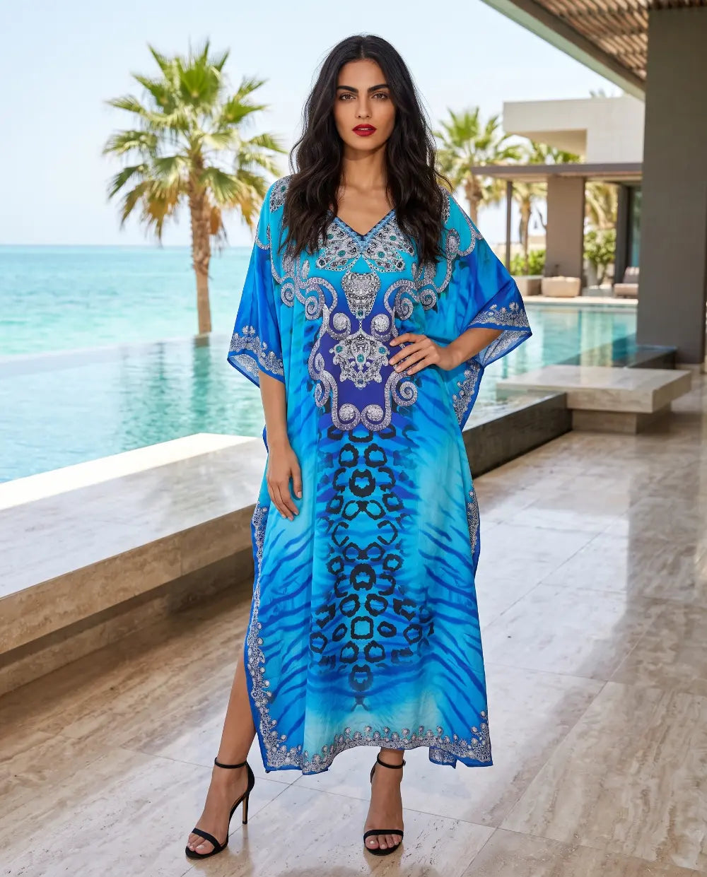 Long Silk Embellished Box Kaftan Reef