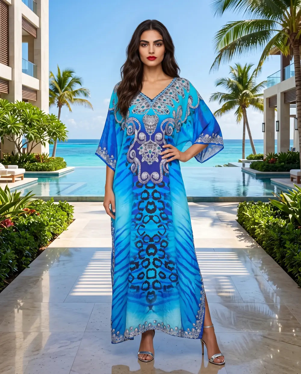 Long Silk Embellished Box Kaftan Reef