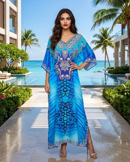 Long Silk Embellished Box Kaftan Reef