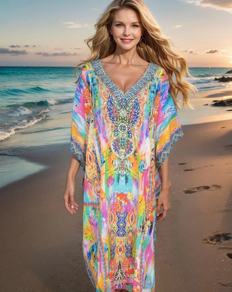 Long Silk Embellished Box Kaftan-Fiona - Kaftans that Bling