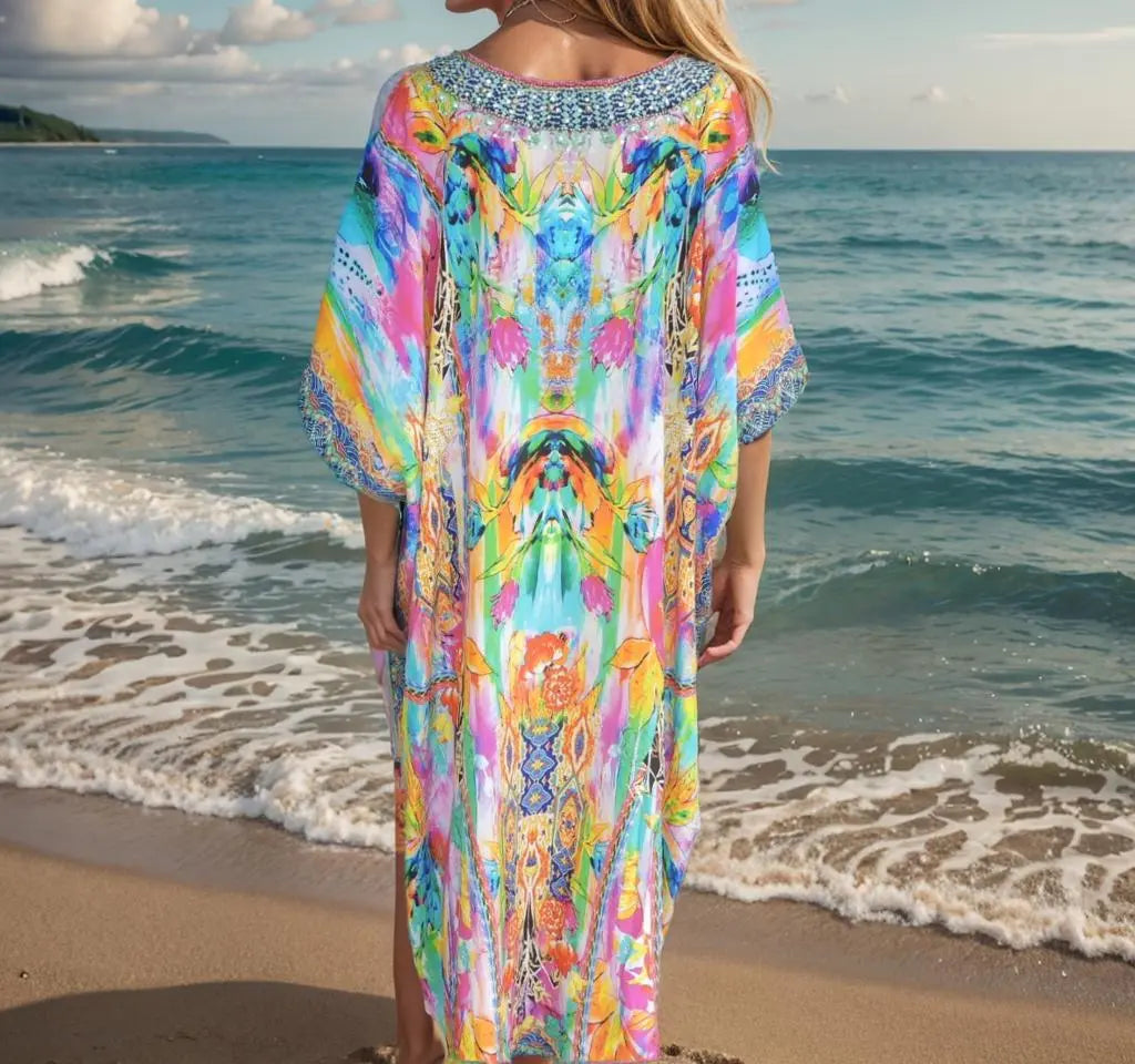 Long Silk Embellished Box Kaftan-Fiona - Kaftans that Bling