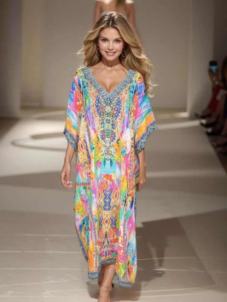 Long Silk Embellished Box Kaftan-Fiona - Kaftans that Bling