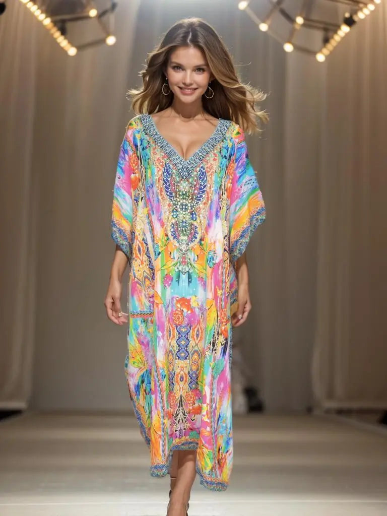 Long Silk Embellished Box Kaftan-Fiona - Kaftans that Bling