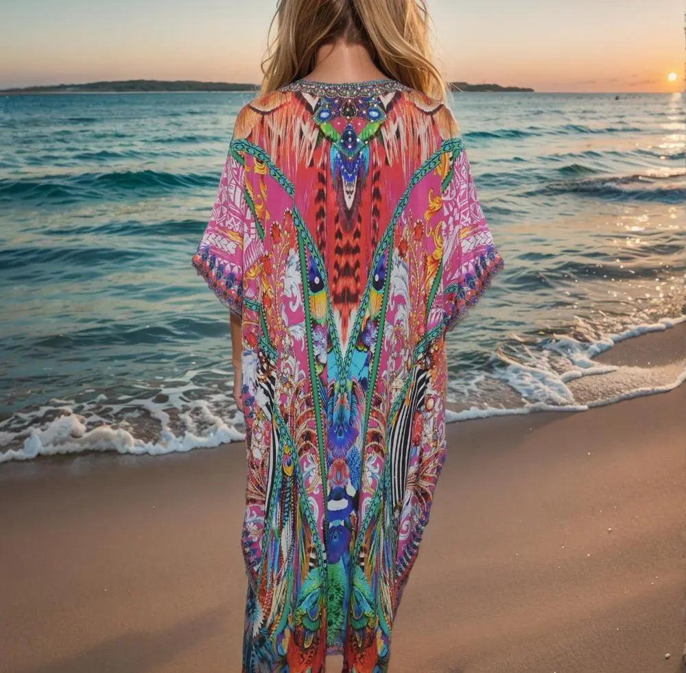 Long Silk Embellished Box Kaftan-Peacock - Kaftans that Bling