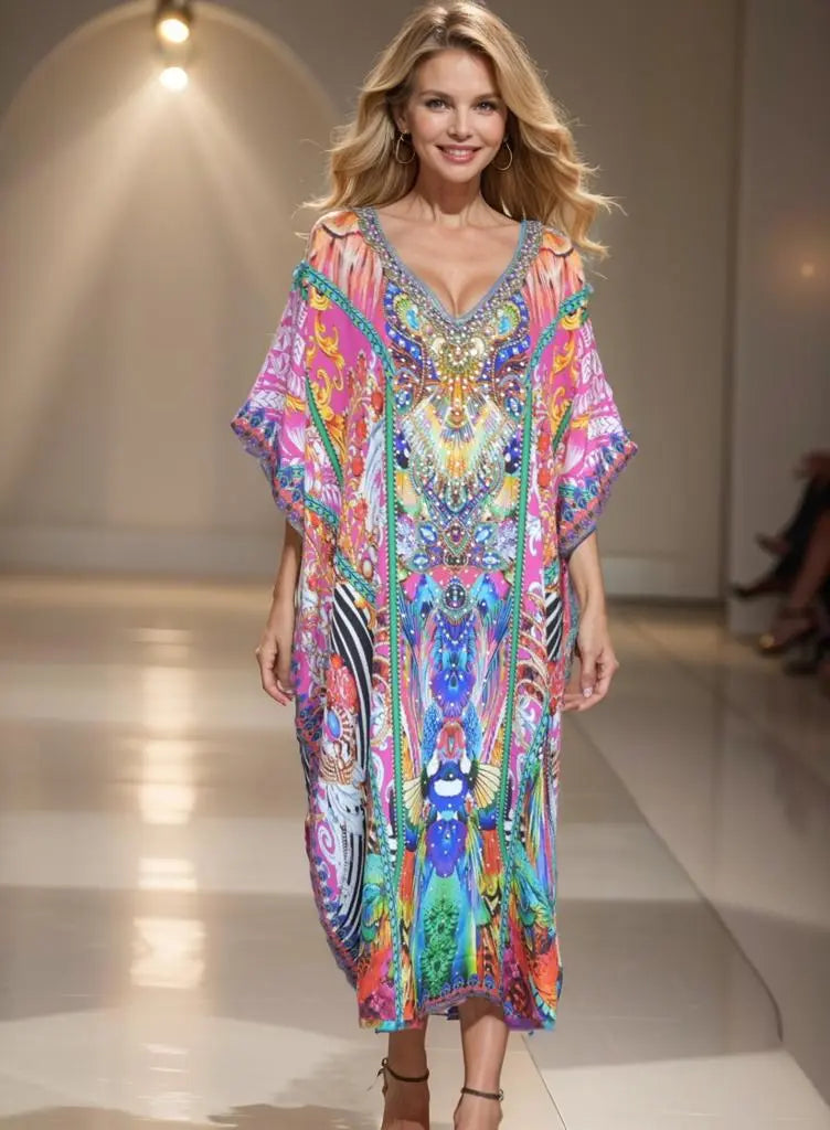 Long Silk Embellished Box Kaftan-Peacock - Kaftans that Bling