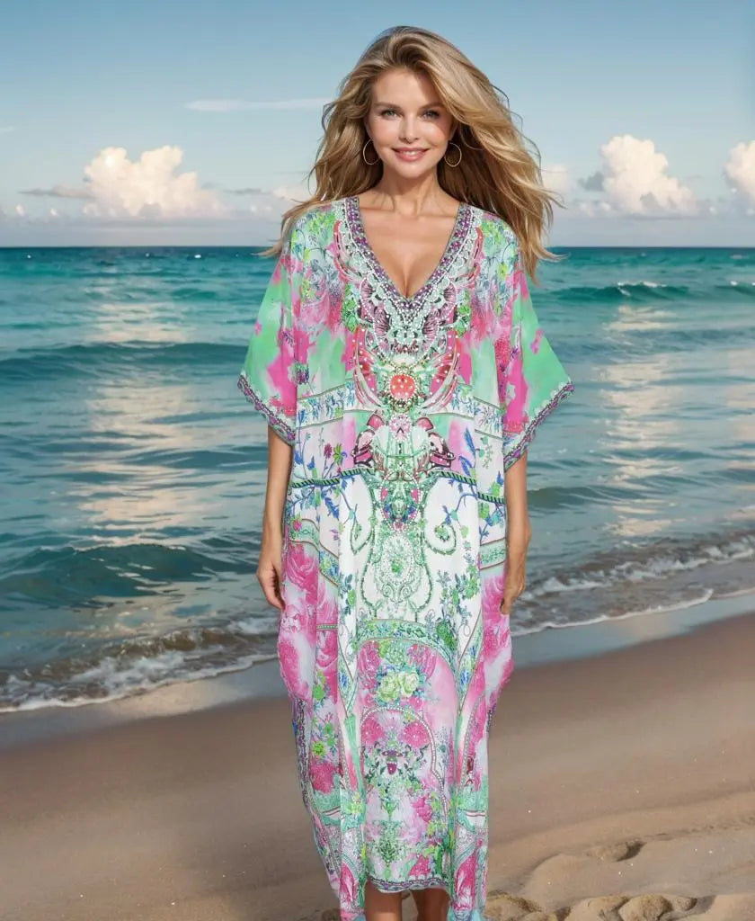 Long Silk Embellished Box Kaftan-Venus - Kaftans that Bling