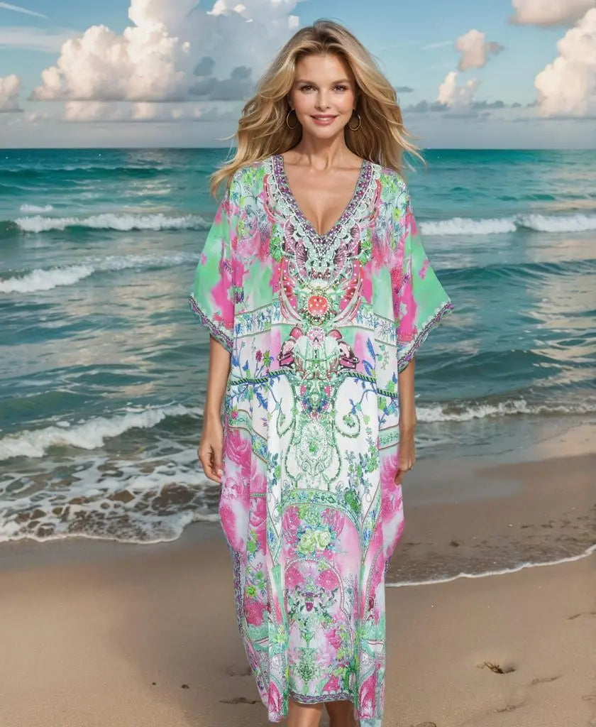 Long Silk Embellished Box Kaftan-Venus - Kaftans that Bling