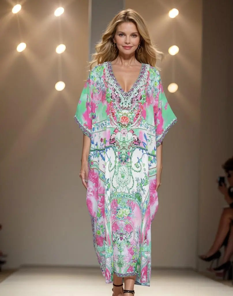 Long Silk Embellished Box Kaftan-Venus - Kaftans that Bling