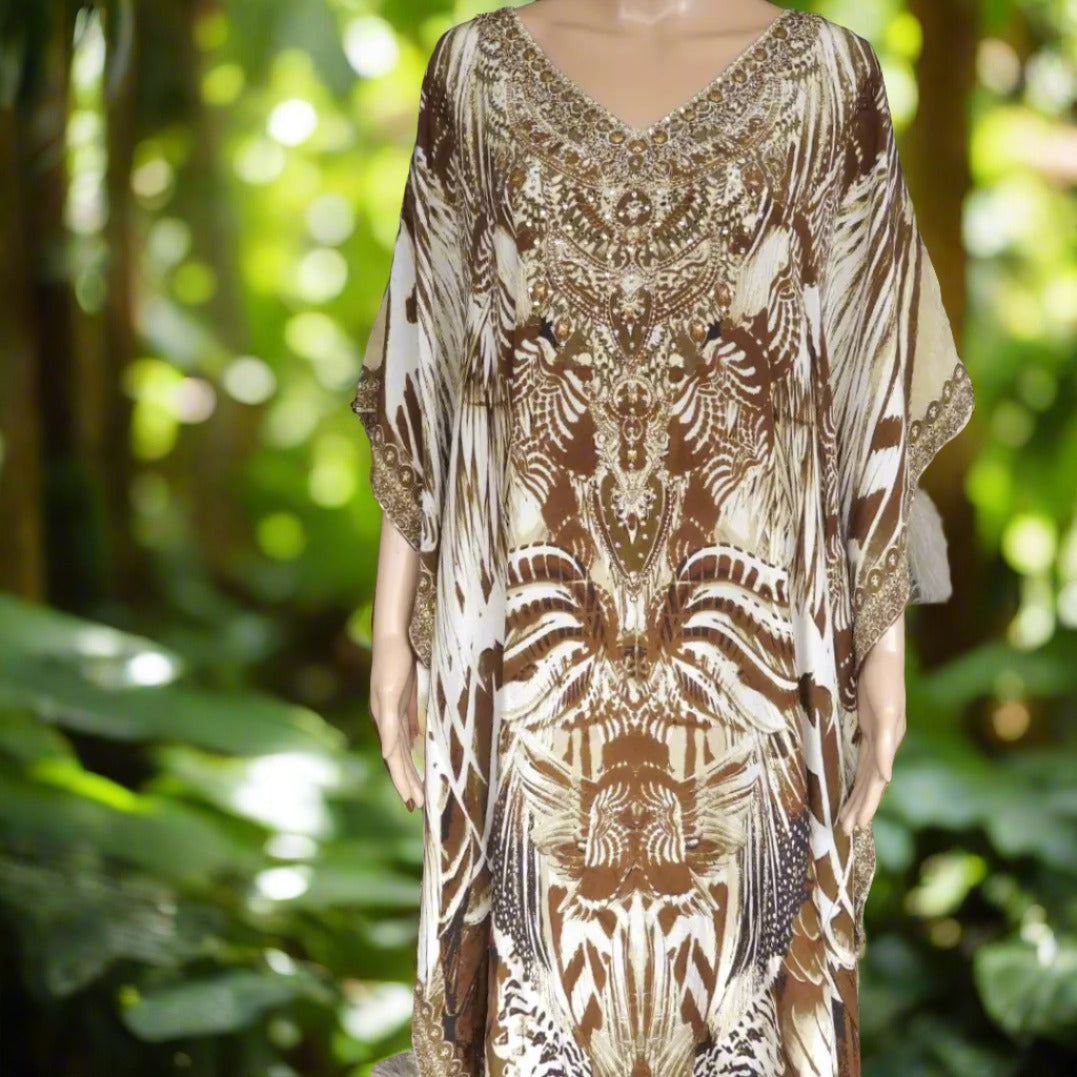 long silk Box kaftan Long Silk Embellished Kaftan leopard fashion spectrum  Kaftans that Bling