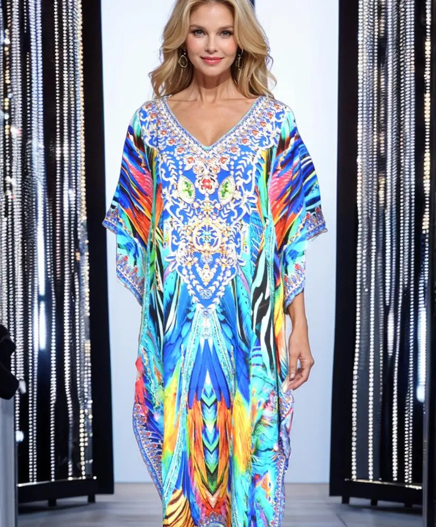 Peacock Long Silk Embellished Kaftan - Kaftans that Bling