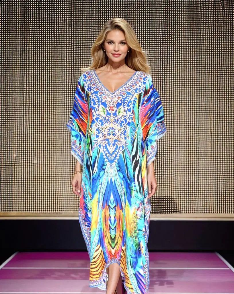 Peacock Long Silk Embellished Kaftan - Kaftans that Bling