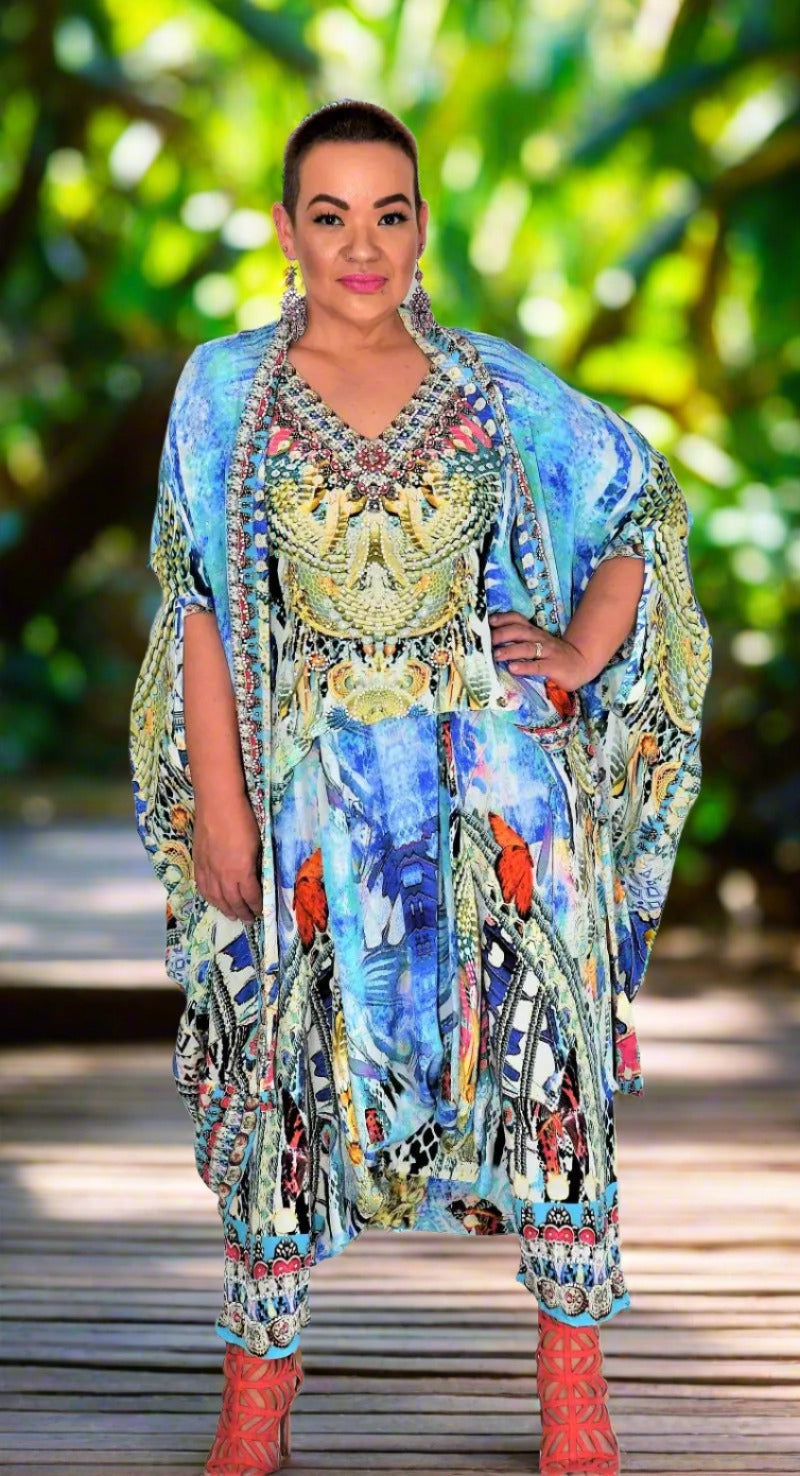 long silk cape Paradise blue long silk cape fashion spectrum  Kaftans that Bling