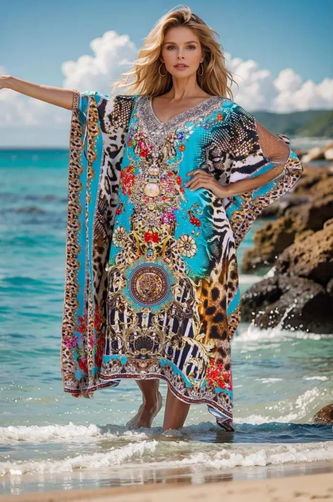 long silk kaftan Long Silk Embellished Cold Shoulder Kaftan - Garden Delight fashion spectrum  Kaftans that Bling