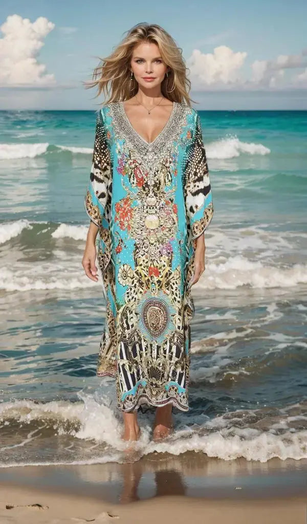 Long Silk Embellished Cold Shoulder Kaftan - Garden Delight