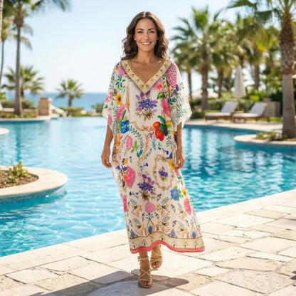 Long Silk Embellished Kaftan Bluebird