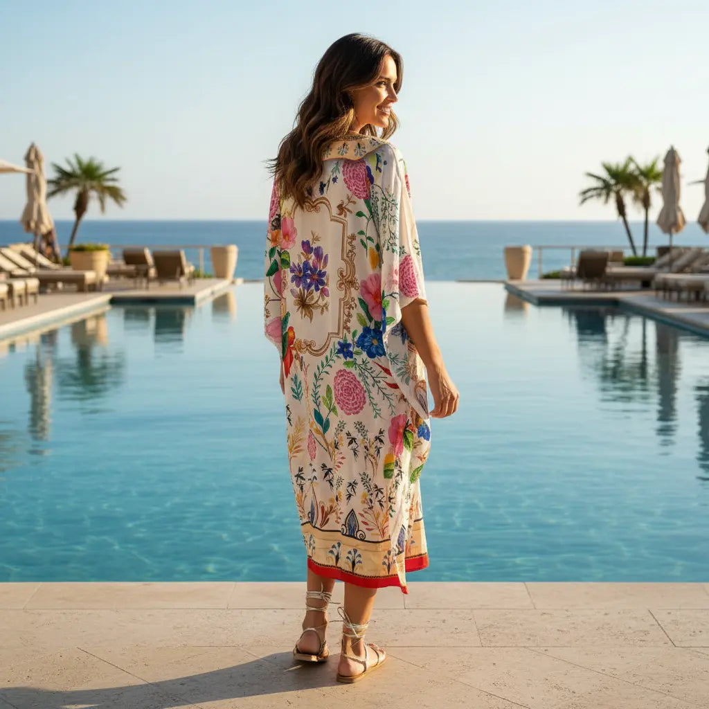 Long Silk Embellished Kaftan Bluebird
