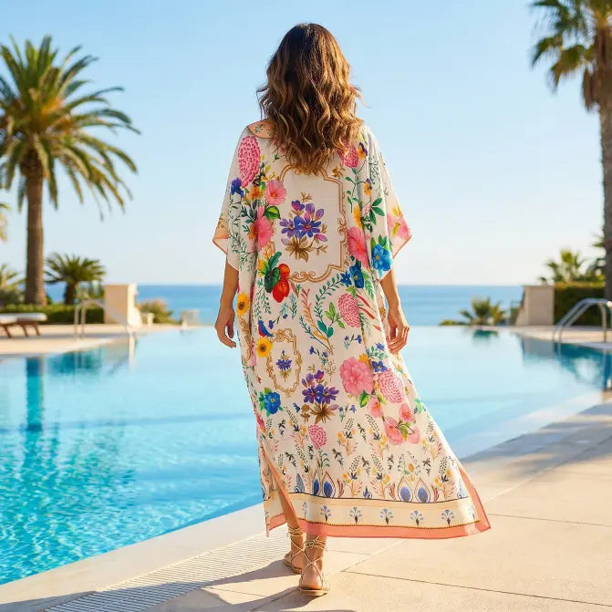Long Silk Embellished Kaftan Bluebird