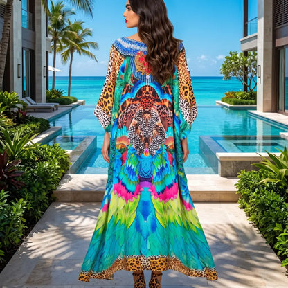 Long Silk Embellished Kaftan Tropical by Kaftans that Bling