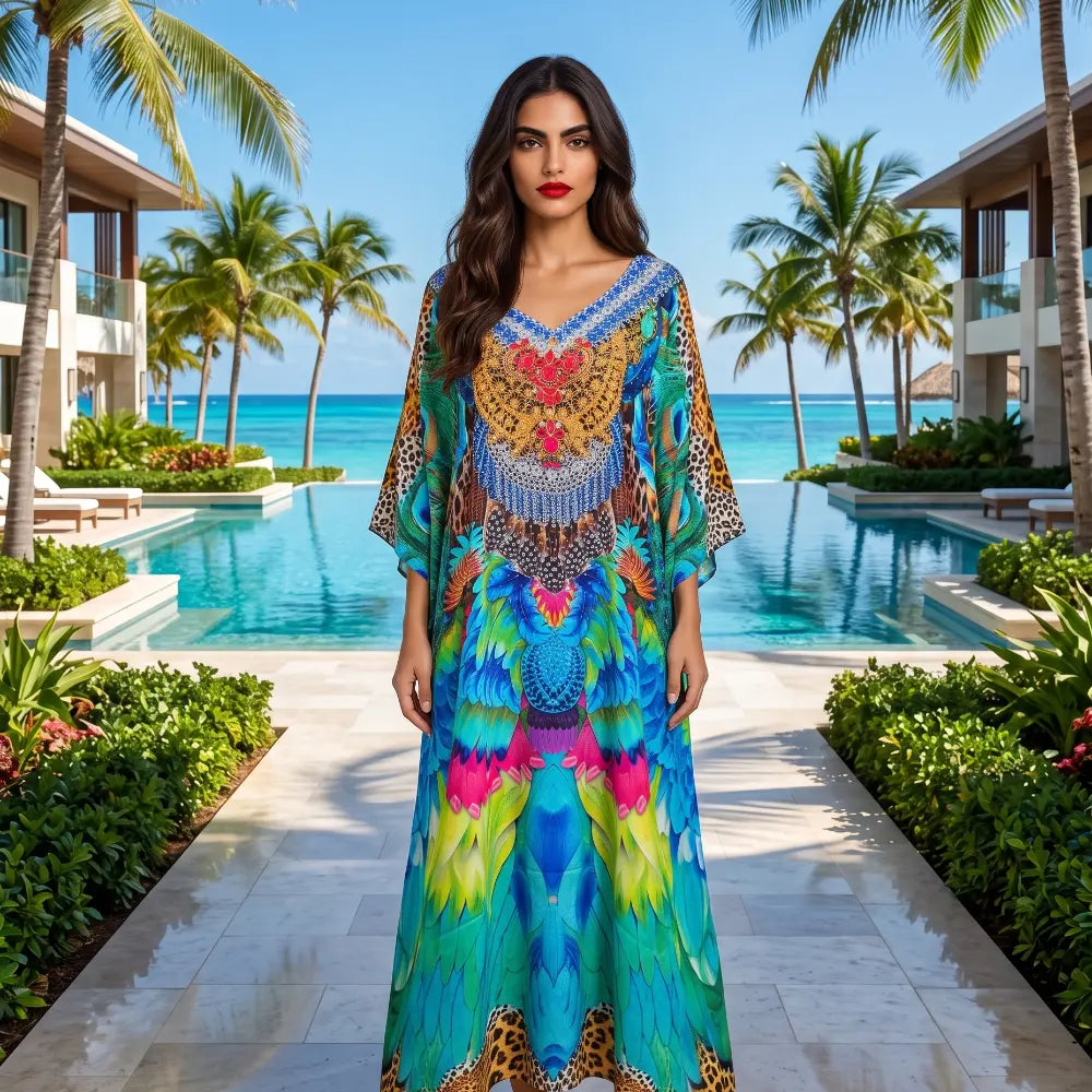 Long Silk Embellished Kaftan Tropical by Kaftans that Bling