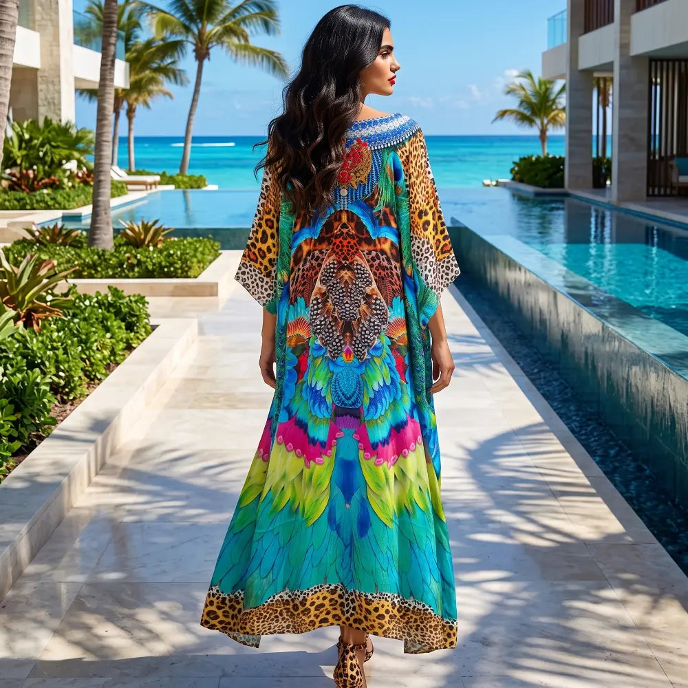 Long Silk Embellished Kaftan Tropical by Kaftans that Bling