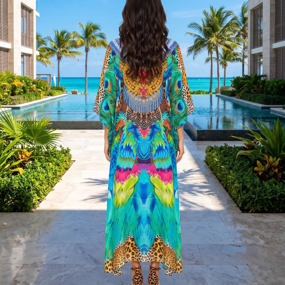 Long Silk Embellished Kaftan Tropical by Kaftans that Bling