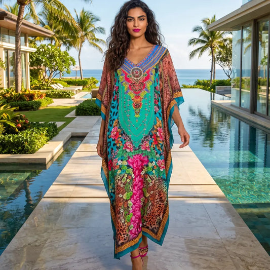 Long Silk Embellished Box Kaftan Exotica