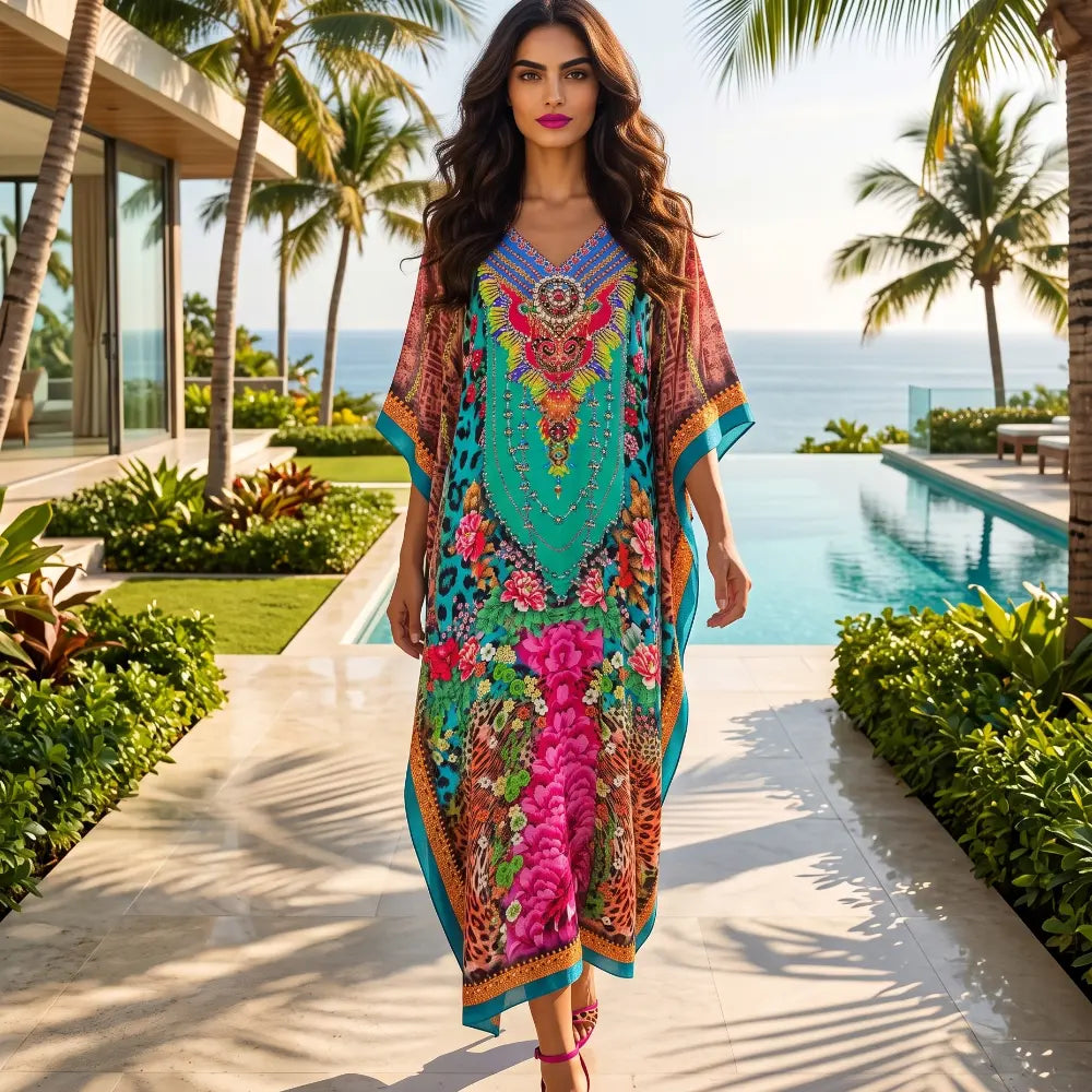 Long Silk Embellished Box Kaftan Exotica