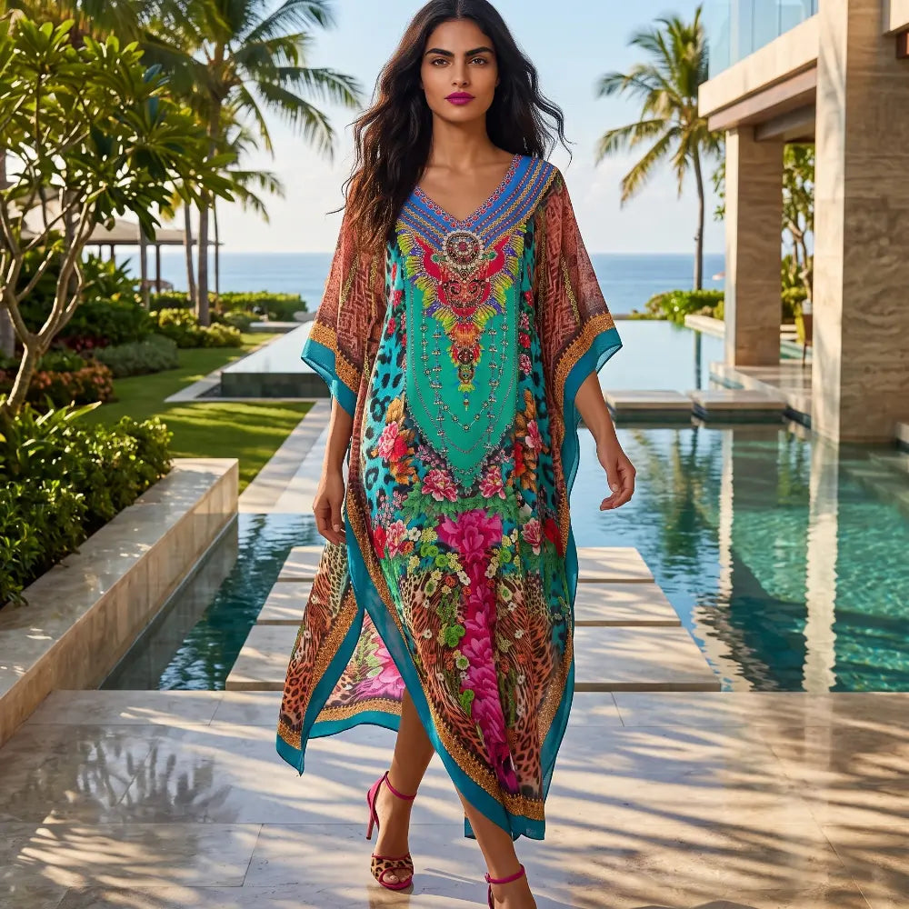Long Silk Embellished Box Kaftan Exotica
