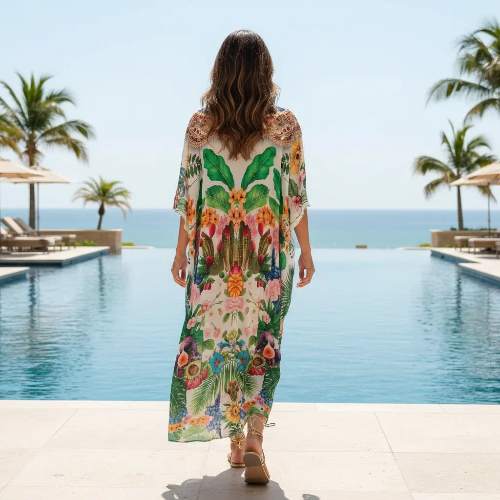 Long Silk Embellished Box Kaftan Forest Fruits