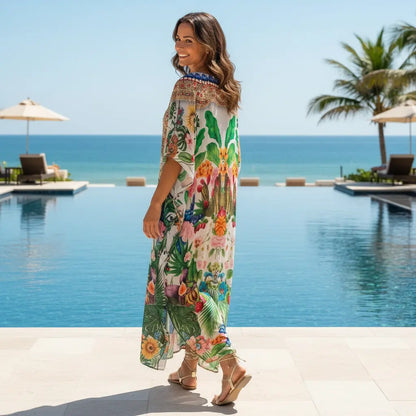 Long Silk Embellished Box Kaftan Forest Fruits