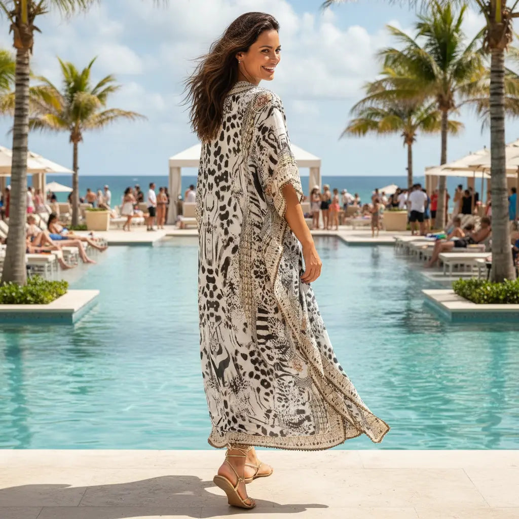Long Silk Embellished Kaftan- Safari Blue at kaftans that bling