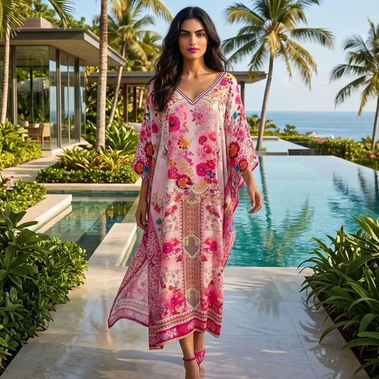 Long Silk Embellished Box Kaftan Secret Garden