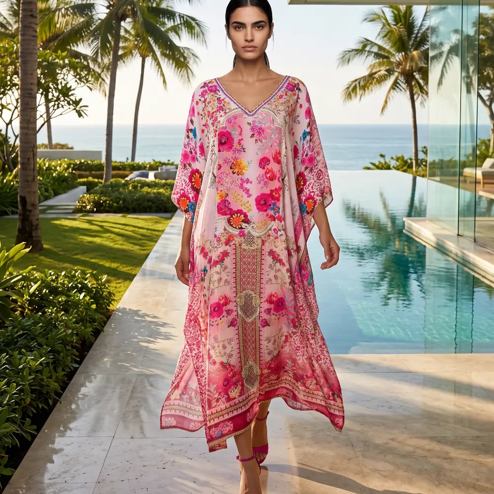 Long Silk Embellished Box Kaftan Secret Garden