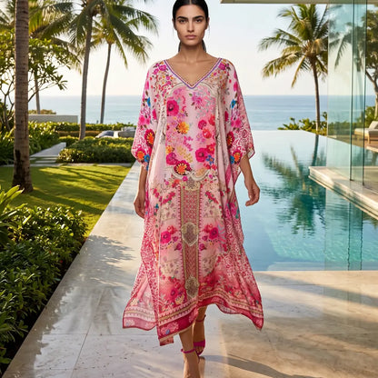 Long Silk Embellished Box Kaftan Secret Garden