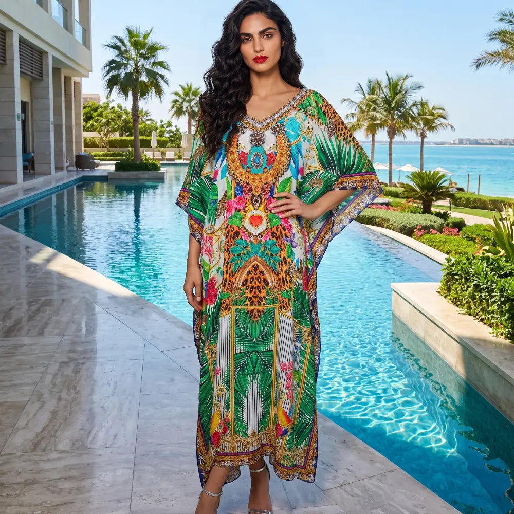 Long Silk Embellished Box Kaftan Tropical