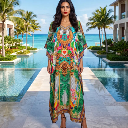 Long Silk Embellished Box Kaftan Tropical