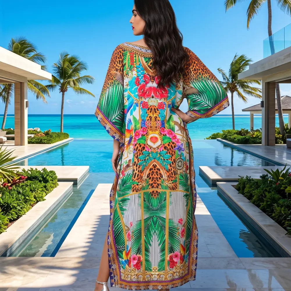 Long Silk Embellished Kaftan Tropical by Kaftans that Bling 