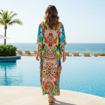Long Silk Embellished Box Kaftan Tropics