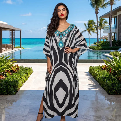 Long Silk Embellished Box Kaftan Zebra
