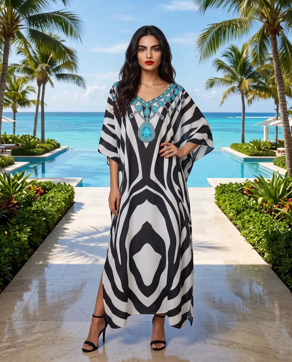 Long Silk Embellished Box Kaftan Zebra