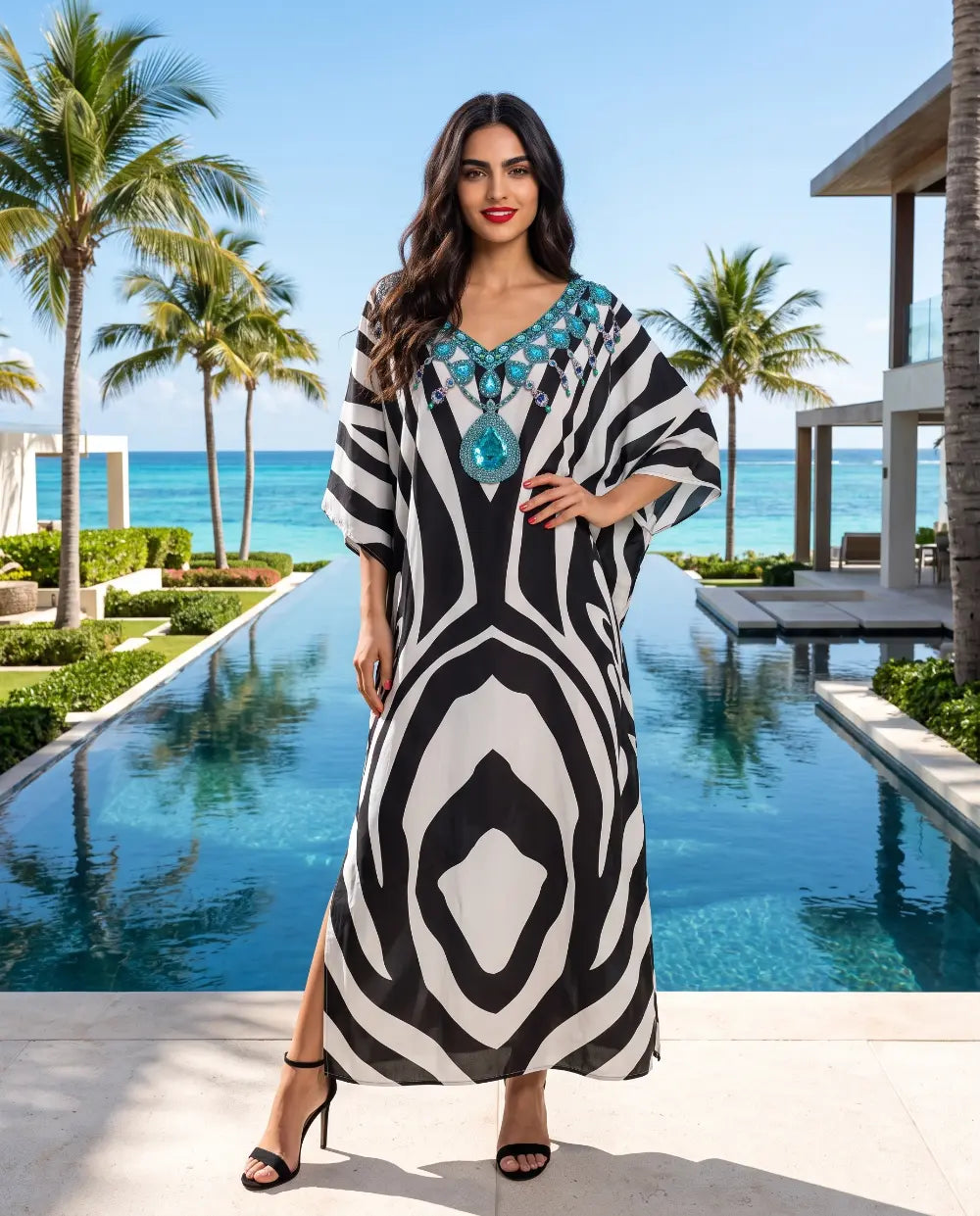 Long Silk Embellished Kaftan Zebra by Kaftans that Bling