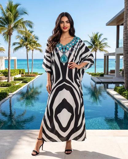 Long Silk Embellished Kaftan Zebra by Kaftans that Bling