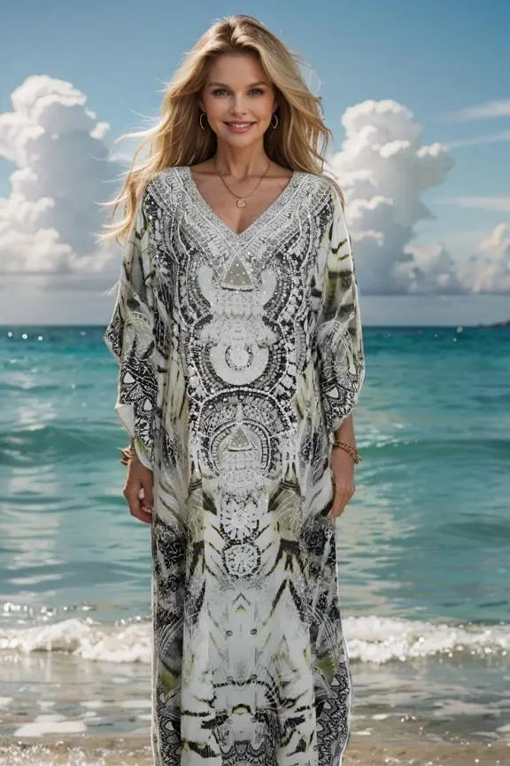 tahiti long silk embellished Australian designed Kaftan