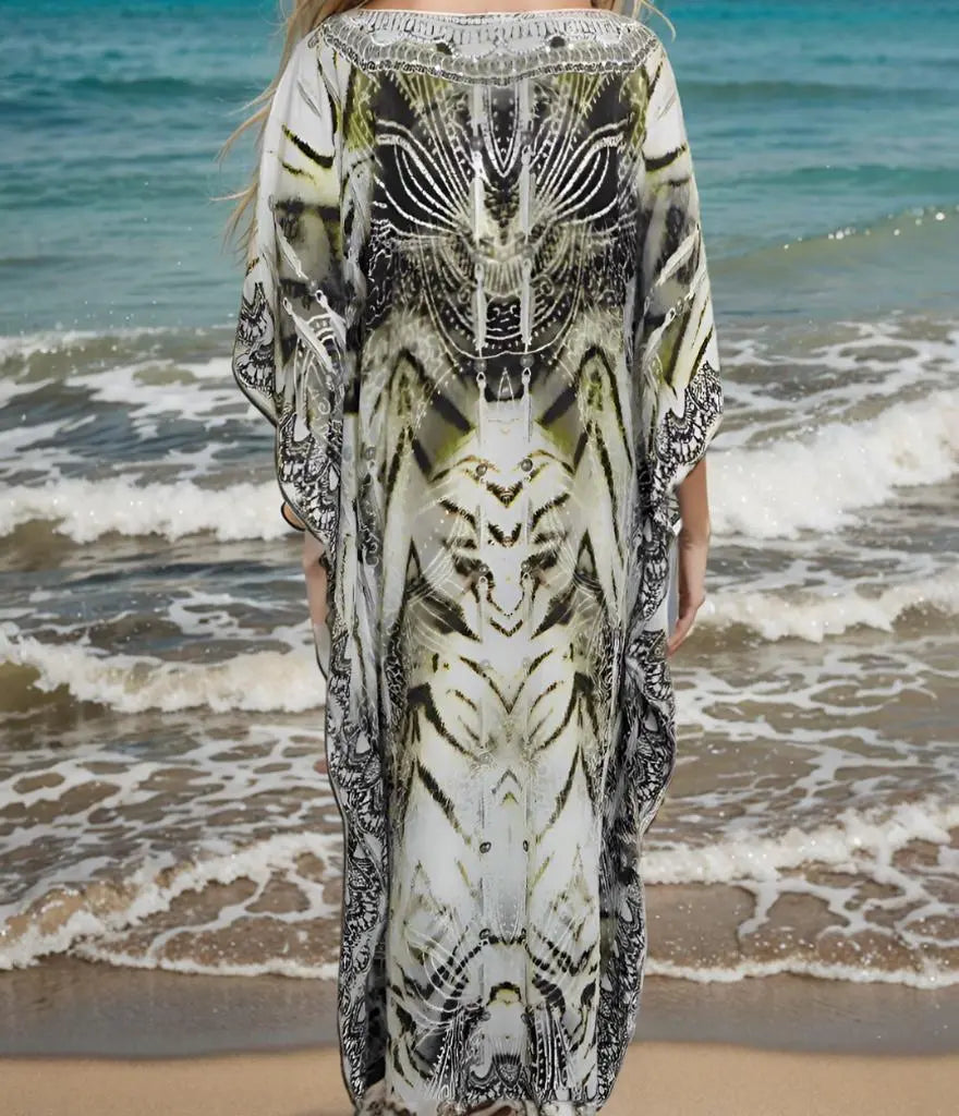 Tahiti Long Silk Embellished Kaftan by Fashion Spectrum - Kaftans that Bling